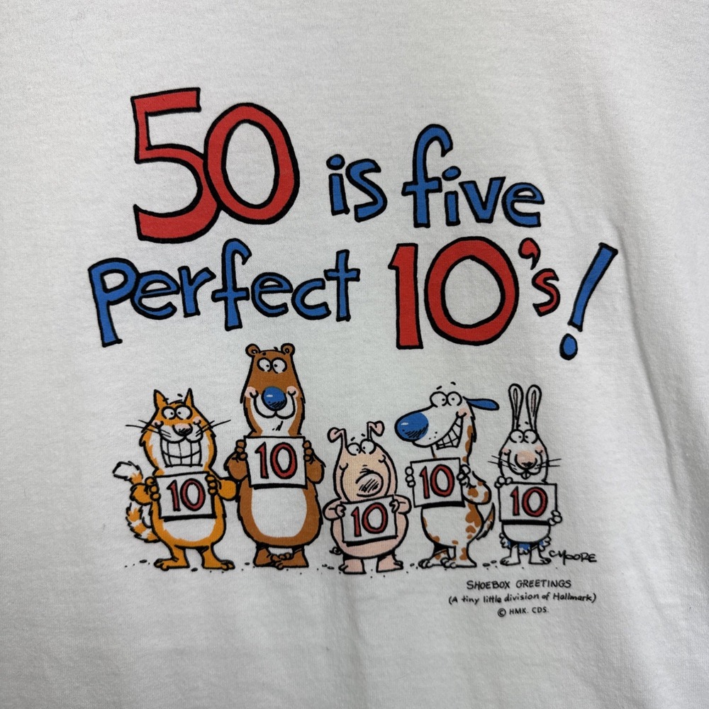 VTG Shoebox Novelty 50th Birthday T-Shirt L White‎ "50 is Five Perfect 10's" - Picture 2 of 8